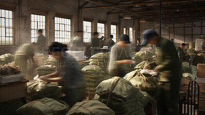 Buy stock photo Blurred warehouse factory, illegal labour exploitation in sweatshop manufacturing concept