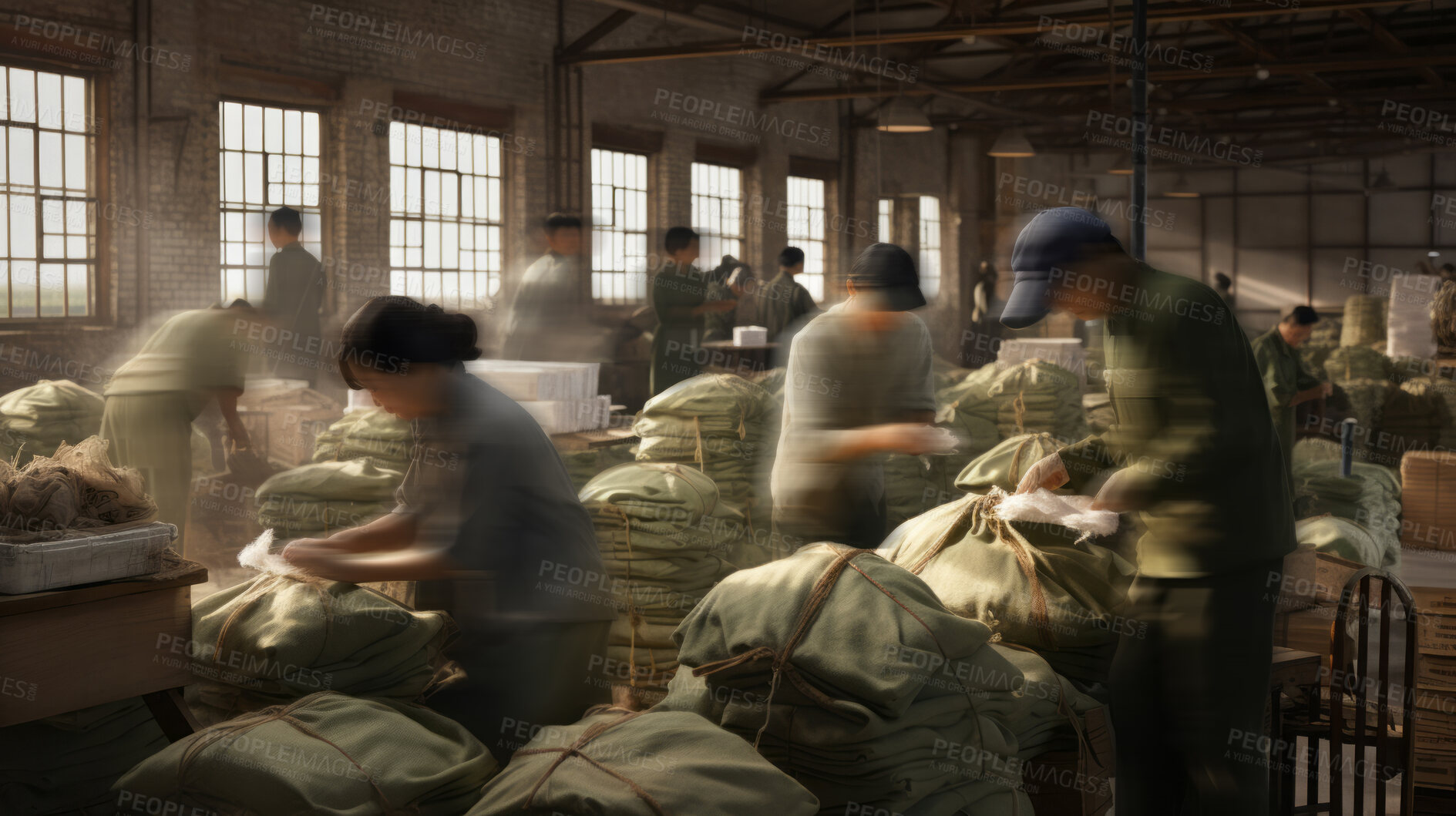 Buy stock photo Blurred warehouse factory, illegal labour exploitation in sweatshop manufacturing concept