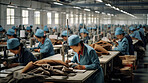 Blurred warehouse factory, illegal labour exploitation in sweatshop manufacturing concept