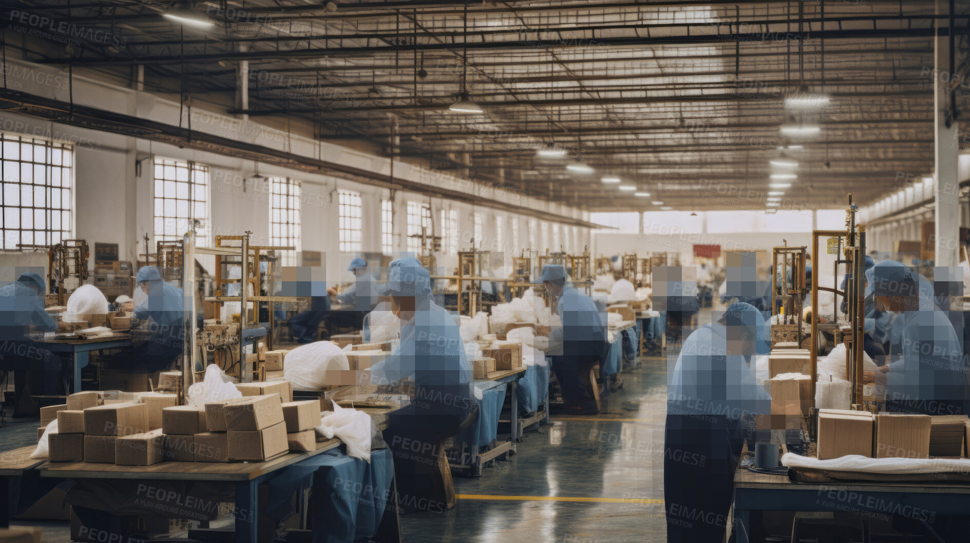 Buy stock photo Blurred warehouse factory, illegal labour exploitation in sweatshop manufacturing concept