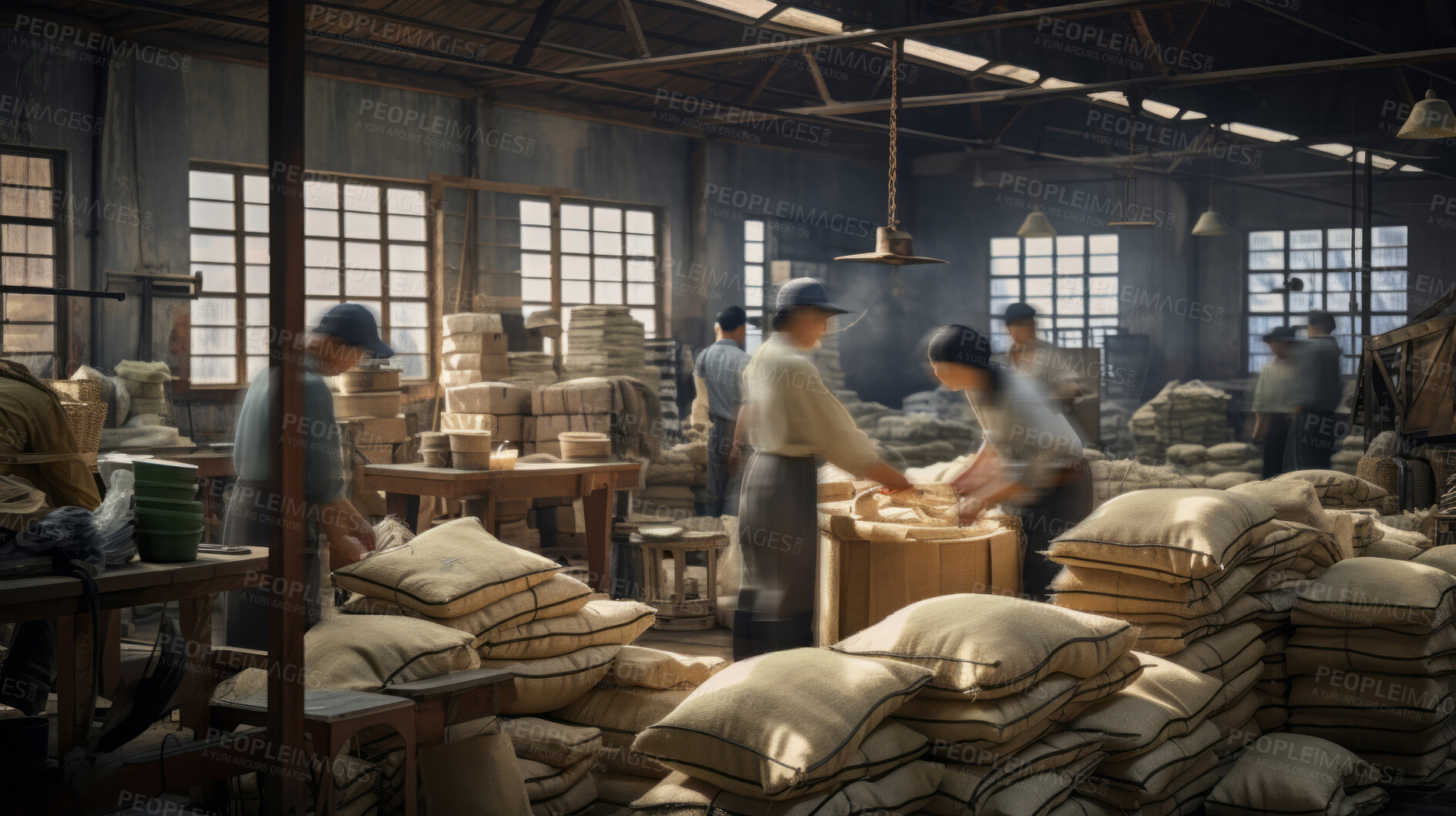 Buy stock photo Blurred warehouse factory, illegal labour exploitation in sweatshop manufacturing concept