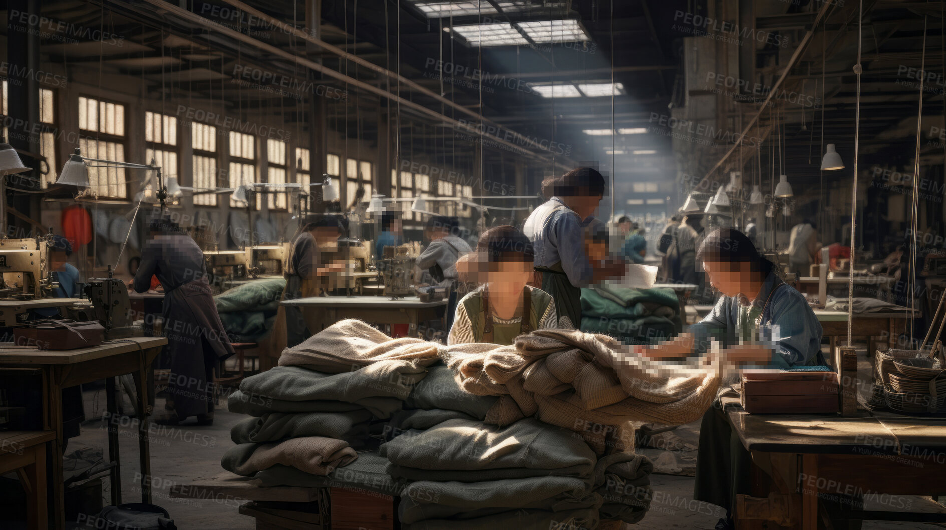 Buy stock photo Blurred warehouse factory, illegal labour exploitation in sweatshop manufacturing concept