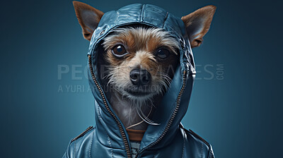 Portrait of dog wearing a jacket or raincoat on flat blue background
