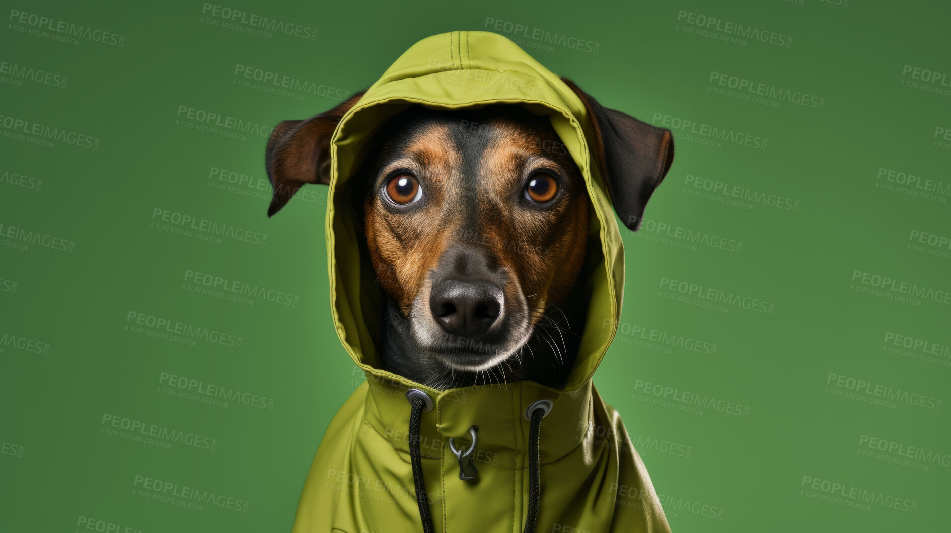 Buy stock photo Portrait of dog wearing a jacket or raincoat on flat green background