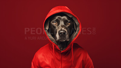 Buy stock photo Portrait of dog wearing a jacket or raincoat on flat red background