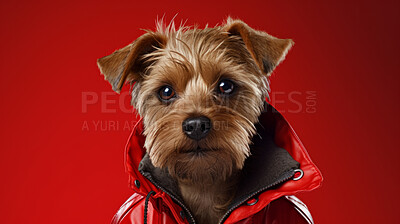 Buy stock photo Portrait of dog wearing a jacket or raincoat on flat red background