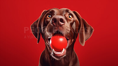 Buy stock photo Portrait of dog catching ball on red background. Excited and playful pet