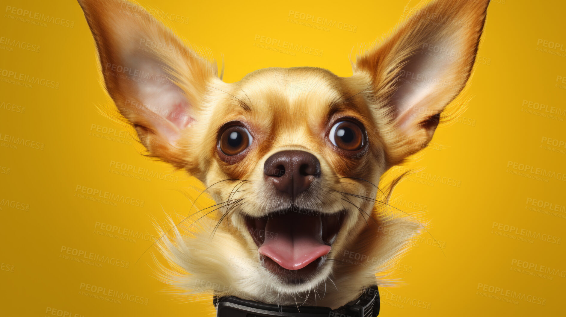 Buy stock photo Portrait of happy or excited dog. Looking and posing on flat yellow background