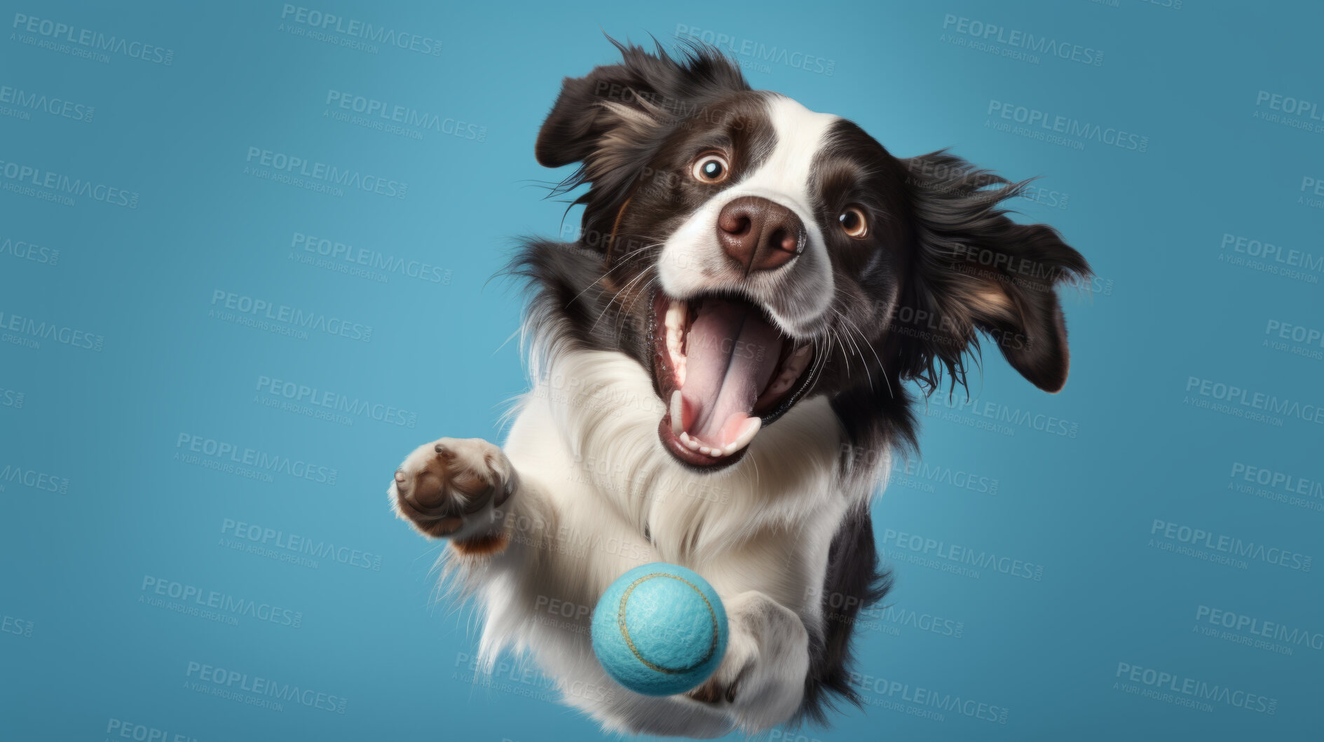 Buy stock photo Portrait of dog catching ball on blue background. Pet leaping or jumping in air