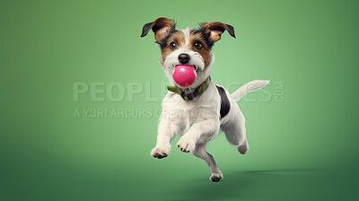 Buy stock photo Portrait of dog catching ball on green background. Dog leaping or jumping in air