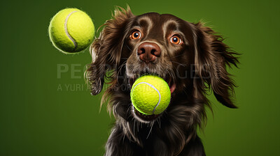 Buy stock photo Portrait of dog catching ball on green background. Excited and playful pet