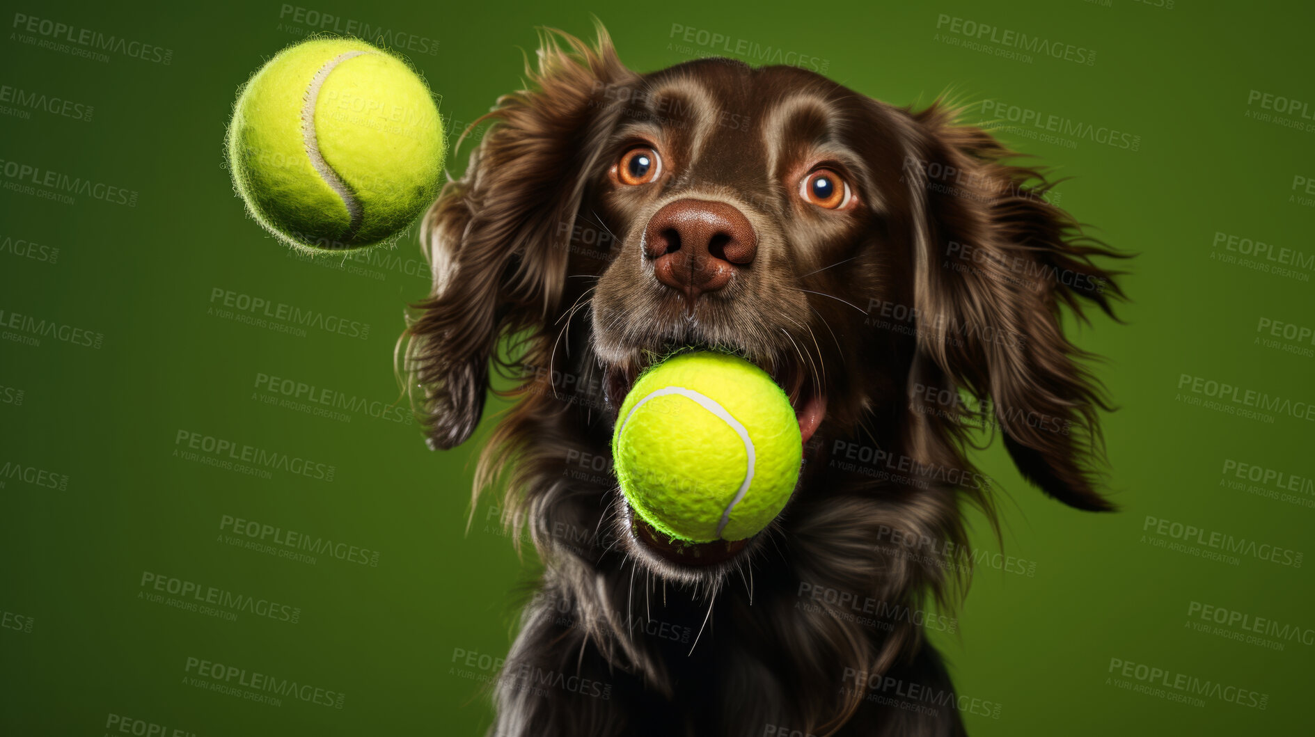 Buy stock photo Portrait of dog catching ball on green background. Excited and playful pet