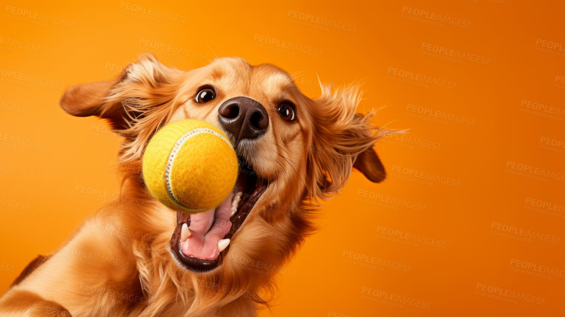 Buy stock photo Portrait of dog catching ball on orange background. Excited and playful pet