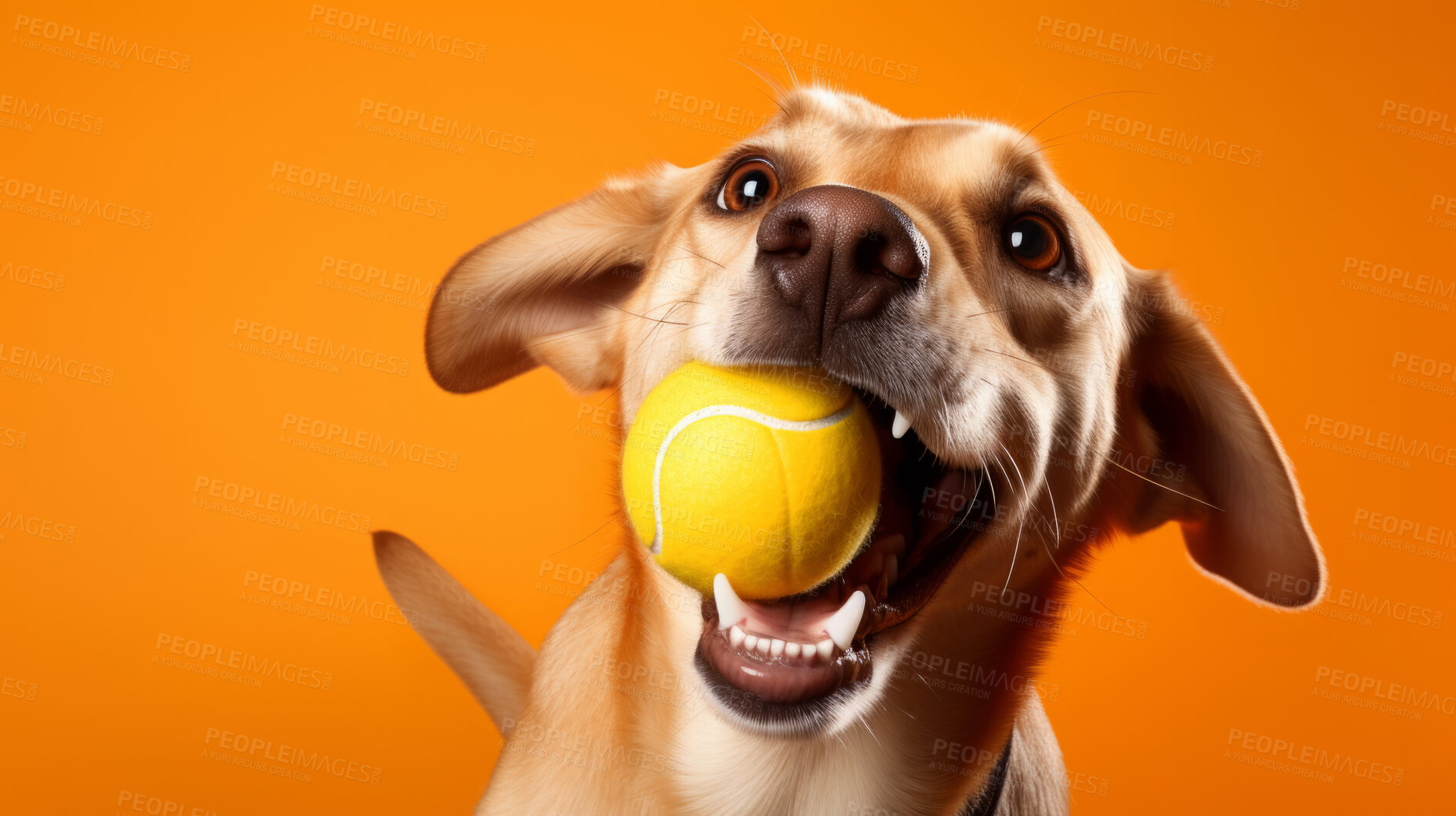 Buy stock photo Portrait of dog catching ball on orange background. Excited and playful pet