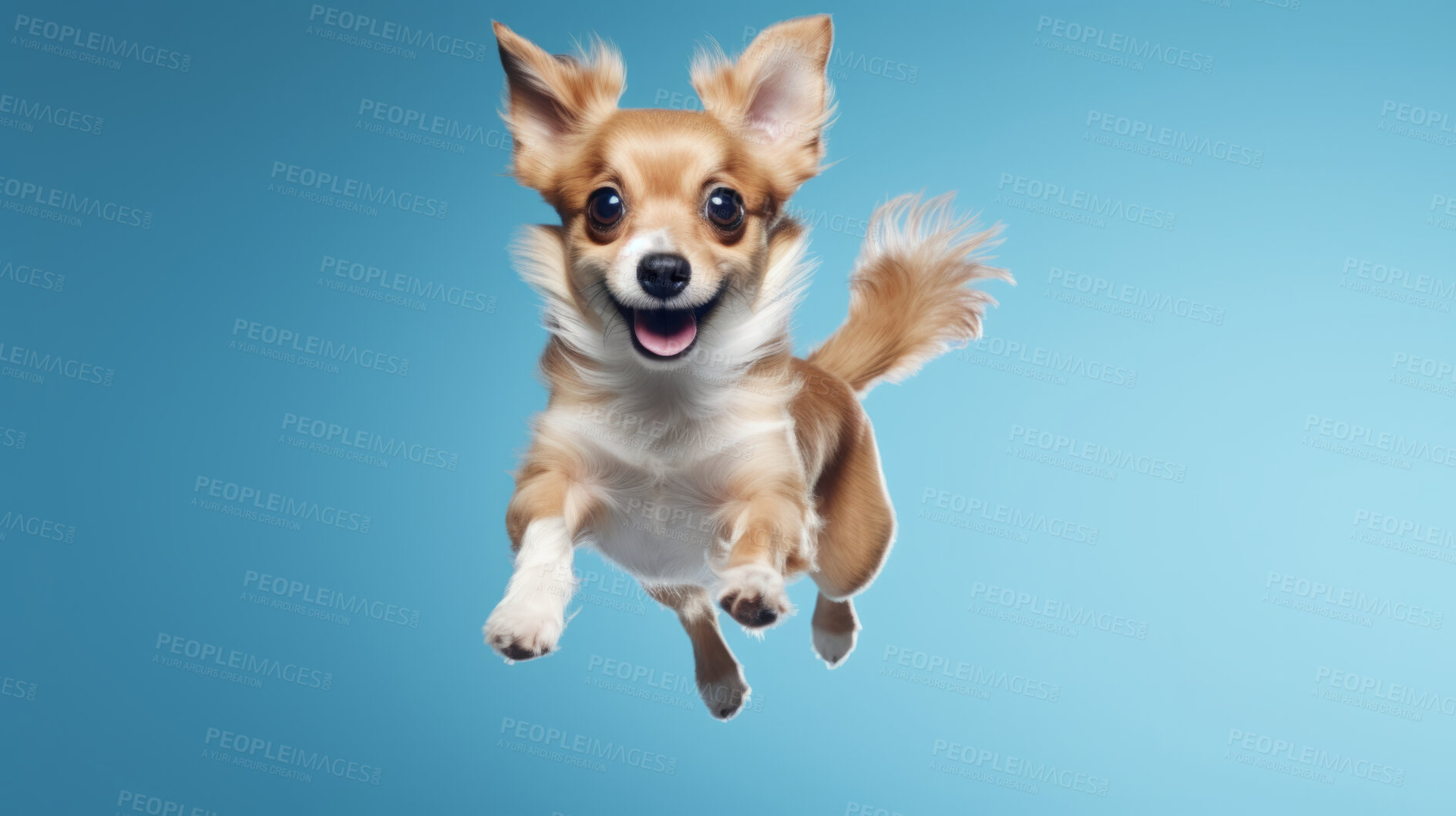 Buy stock photo Portrait of jumping happy dog. Leaping excited pose on flat blue background