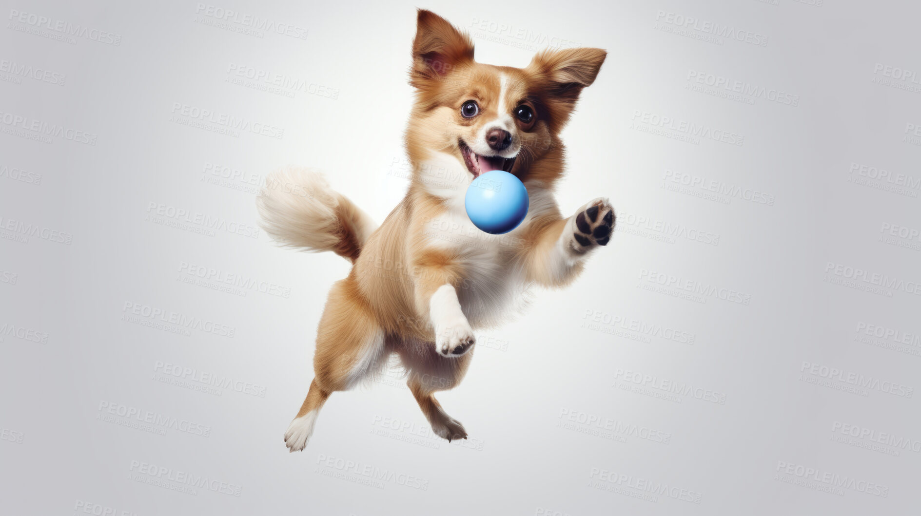 Buy stock photo Portrait of dog catching ball on grey background. Dog leaping or jumping in air