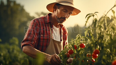 Farmer working. Harvesting vegetables or tomato at local farm.