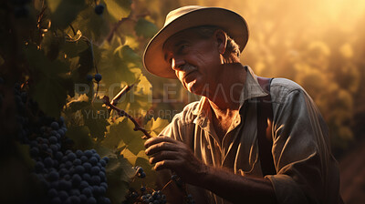 Senior farmer working. Harvesting grapes at local farm for wine-making.