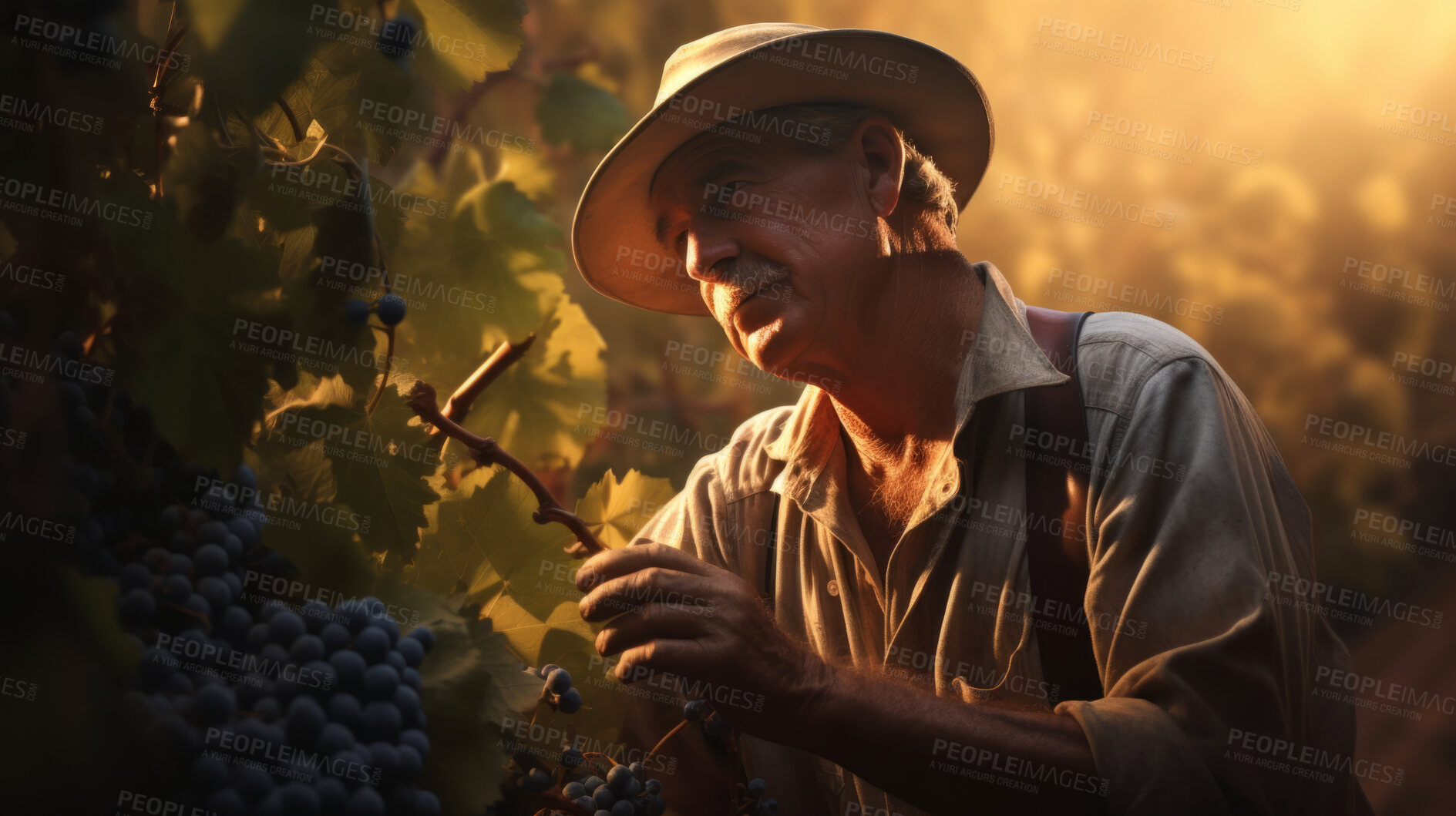 Buy stock photo Senior farmer working. Harvesting grapes at local farm for wine-making.