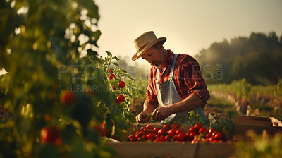 Senior farmer working. Harvesting vegetables or tomato at local farm.