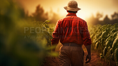 Farmer walking through crop field at sunrise. Silhouette of man with hat