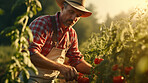 Senior farmer working. Harvesting vegetables or tomato at local farm.