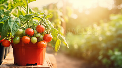 Tomato plant in pot. Fresh bunch of tomatoes on branch in organic vegetable garden
