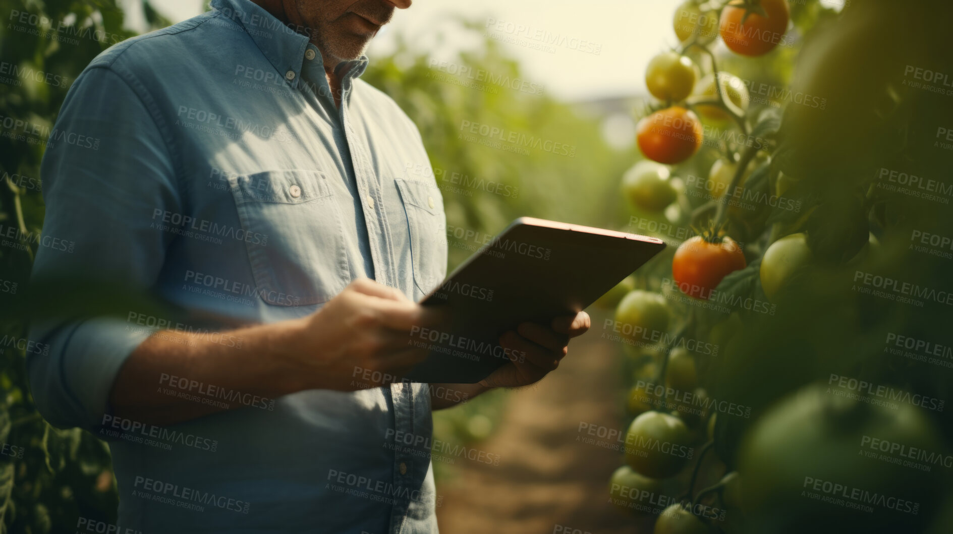 Buy stock photo Farmer using a digital tablet in a field. Farming, agriculture and environmental technology