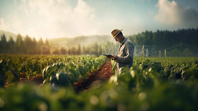 Farmer using a digital tablet in a field. Farming, agriculture and environmental technology