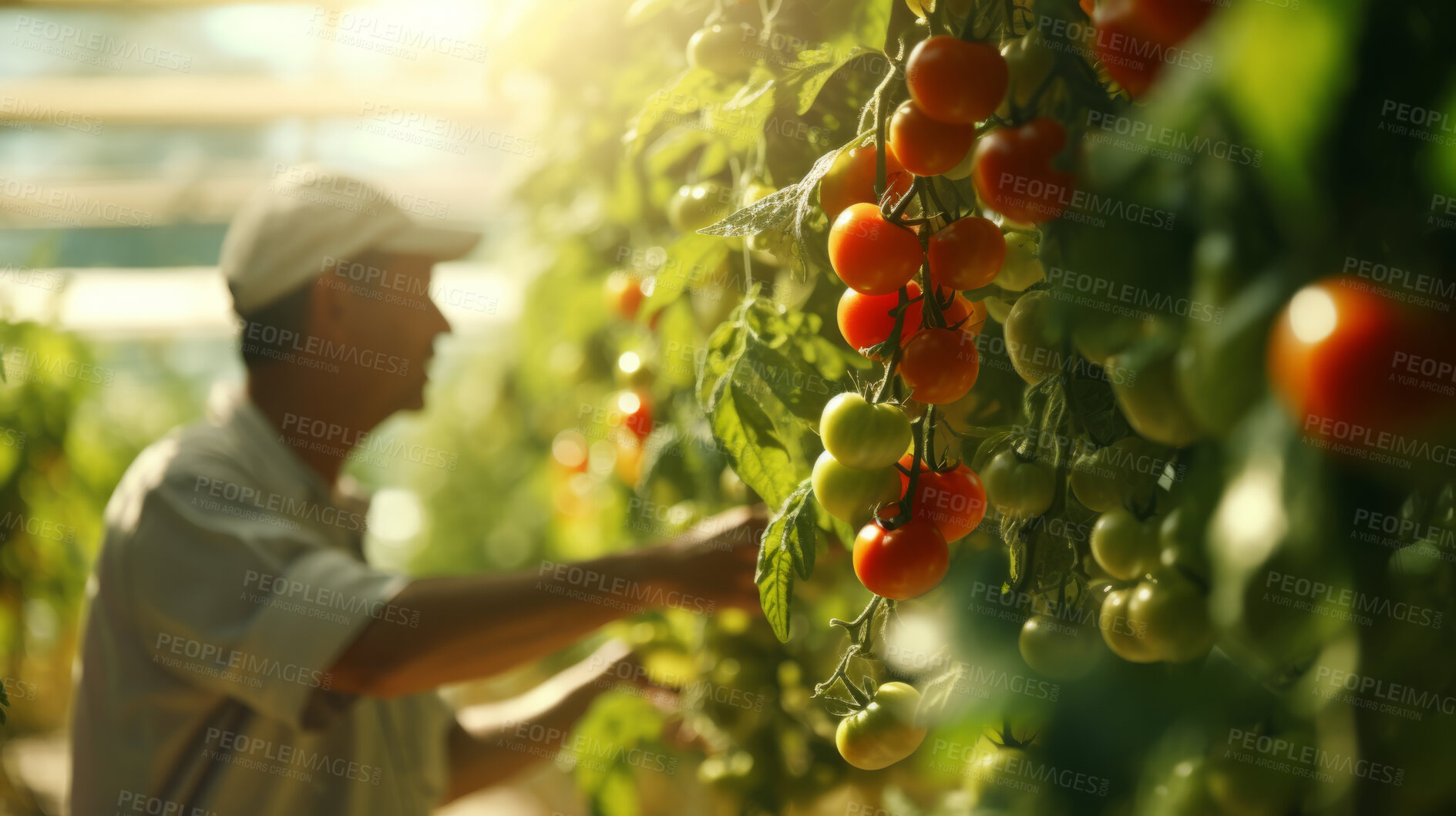 Buy stock photo Senior farmer harvesting vegetables at local farm. Tomato plant in focus
