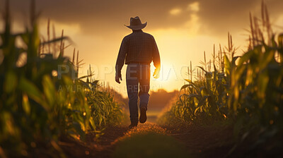 Farmer walking through wheat crop field at sunrise. Silhouette of man with hat