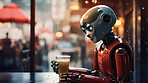 Robot with beer in bar. Tired sad humanoid sitting at pub table with glass of beer.