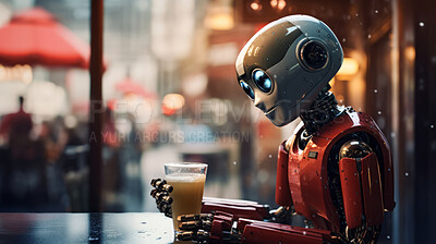 Buy stock photo Robot with beer in bar. Tired sad humanoid sitting at pub table with glass of beer.