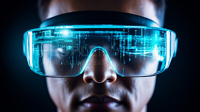 Man with VR mask headset with transparent glass. Futuristic data concept. New Technology.