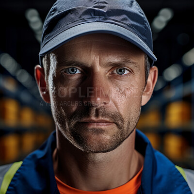 Confident serious man in warehouse. Worker, supervisor and industrial contractor at project