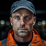 Confident serious man in warehouse. Worker, supervisor and industrial contractor at project