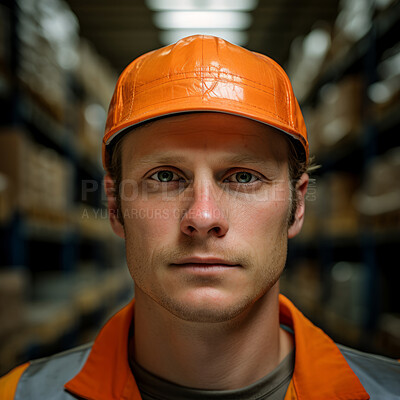 Confident serious man in warehouse. Worker, supervisor and industrial contractor at project