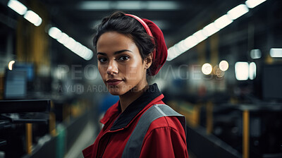 Confident serious woman in warehouse. Worker, supervisor and industrial contractor at project