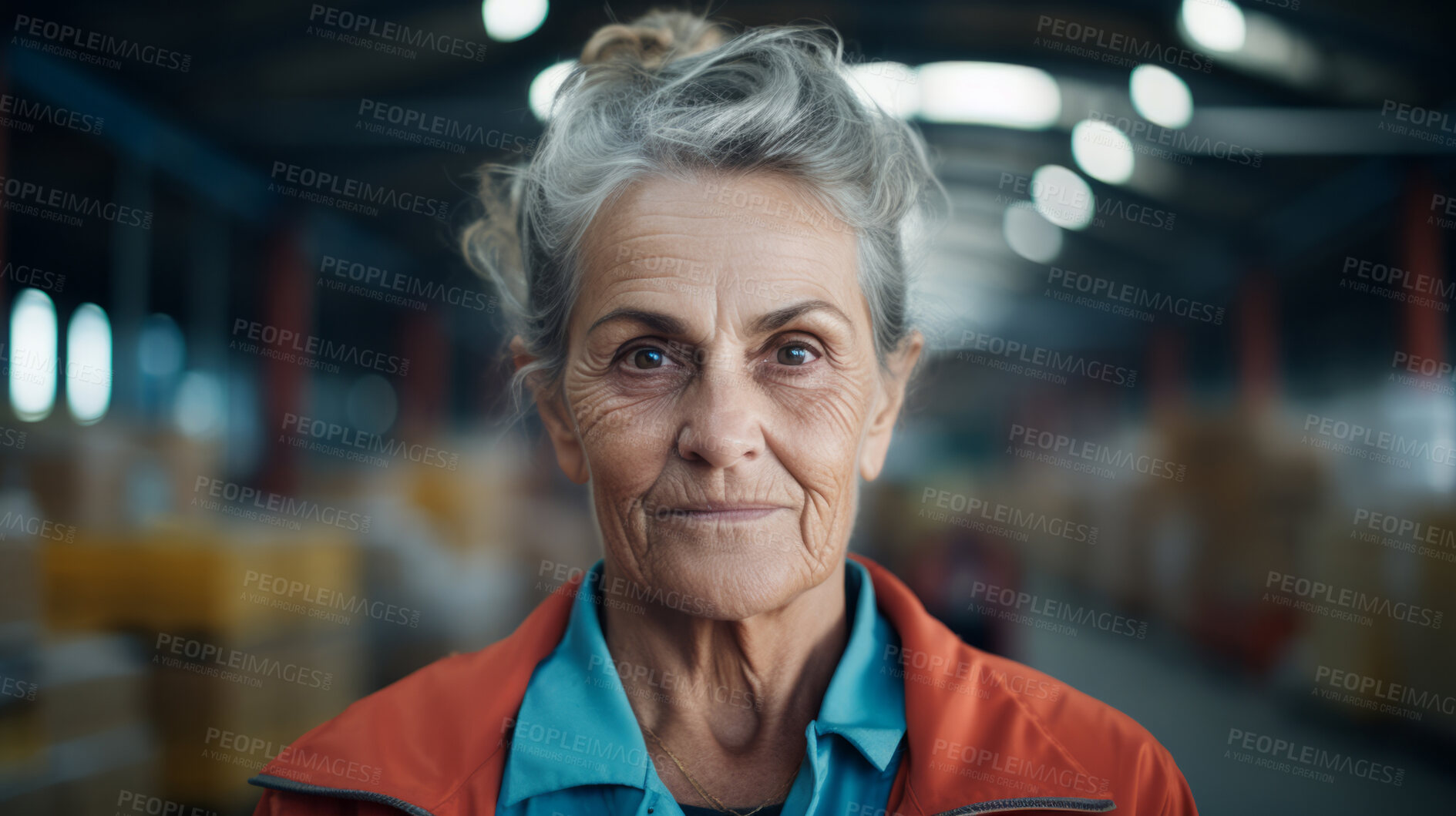 Buy stock photo Confident serious mature older woman in warehouse. Worker, supervisor and industrial contractor at project