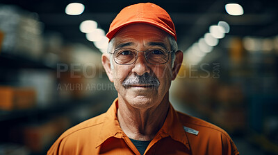 Confident serious mature older man in warehouse. Worker, supervisor and industrial contractor at project