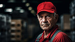 Confident serious mature older man in warehouse. Worker, supervisor and industrial contractor at project