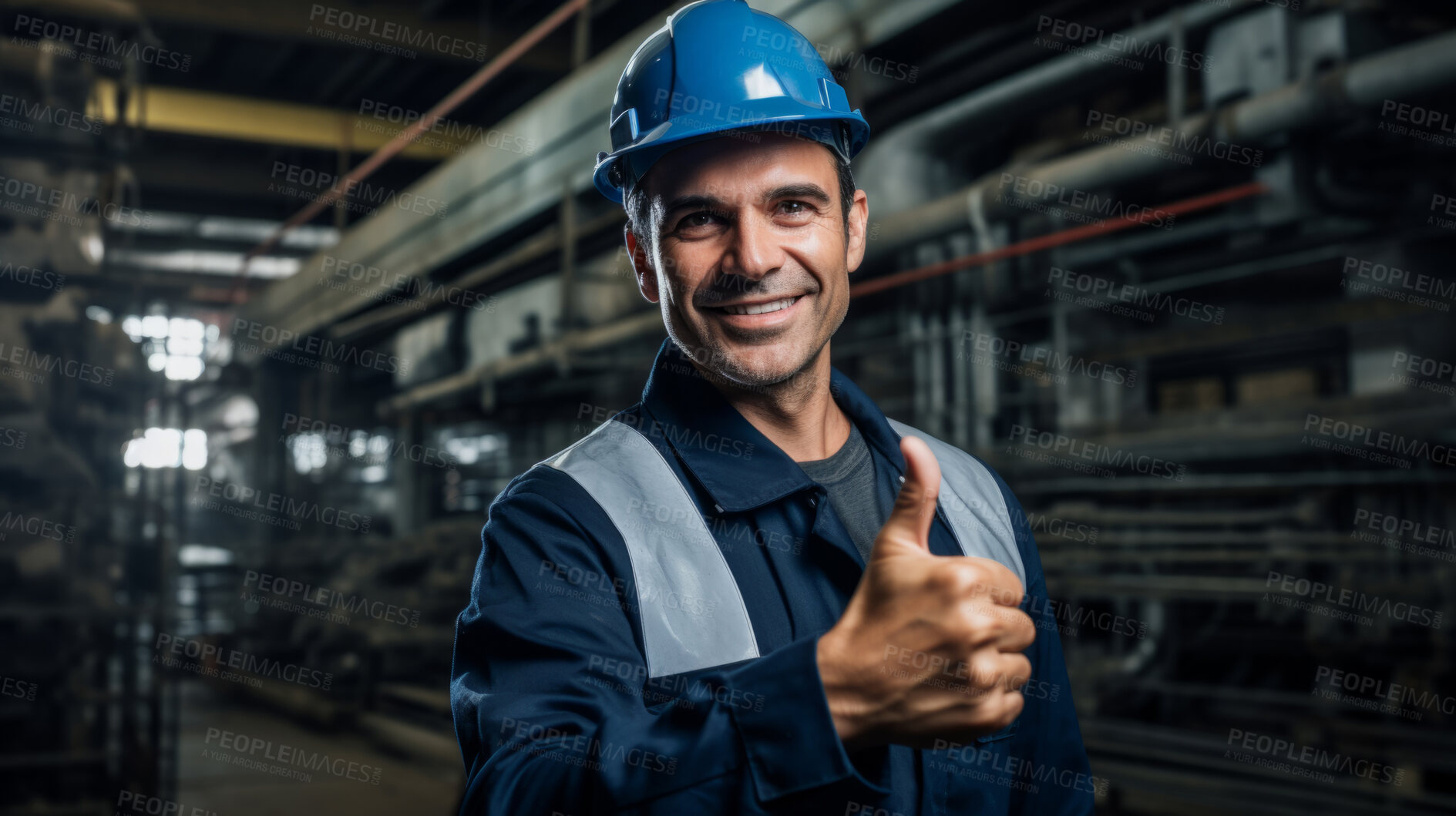 Buy stock photo Confident mature older man with hardhat in shipping warehouse showing thumbsup at camera