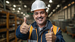 Confident mature older man with hardhat in shipping warehouse showing thumbsup at camera