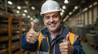 Confident mature older man with hardhat in shipping warehouse showing thumbsup at camera