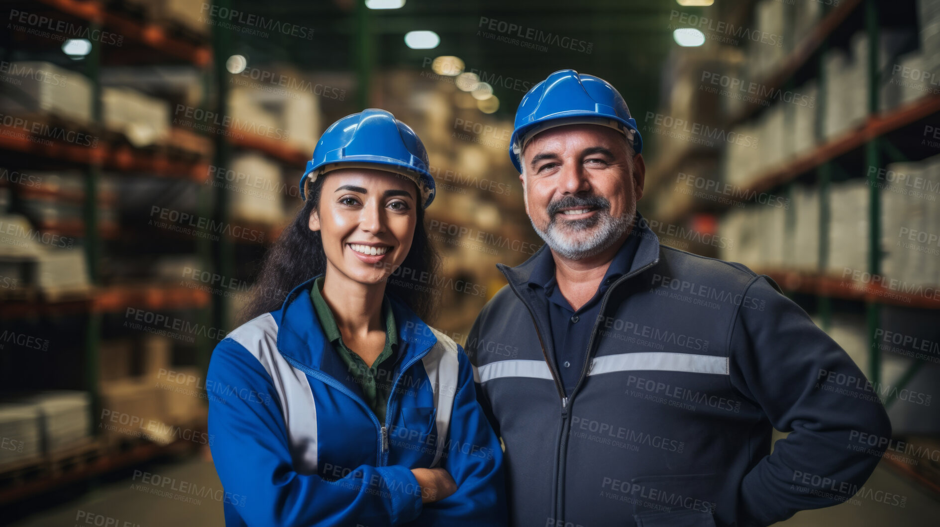 Buy stock photo Confident man and woman with hardhats in shipping warehouse smiling at camera