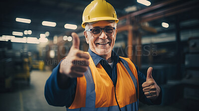 Confident mature older man with hardhat in shipping warehouse showing thumbsup at camera