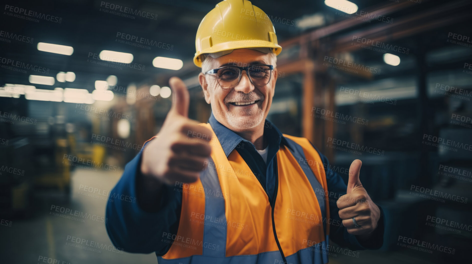 Buy stock photo Confident mature older man with hardhat in shipping warehouse showing thumbsup at camera