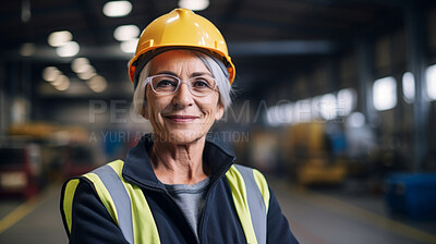 Buy stock photo Senior woman manager or supervisor in hardhat standing in a warehouse.