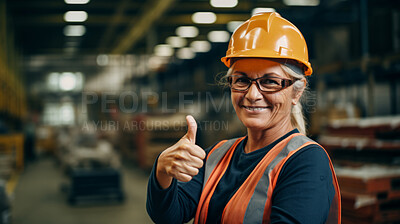 Confident mature older woman with hardhat in shipping warehouse showing thumbsup at camera