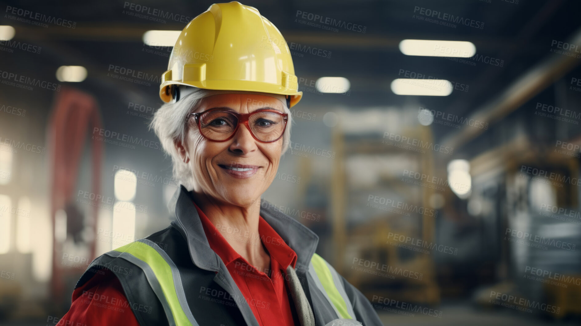 Buy stock photo Senior woman manager or supervisor in hardhat standing in a warehouse.